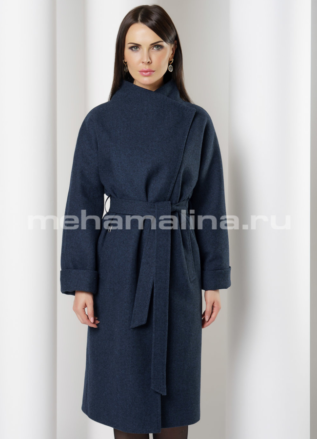 Пальто темно-синее с воротником, на кнопках, рукав 7/8 модель № 2463 меха малина