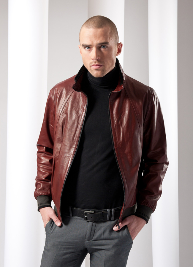 Кожаная куртка модель № KP-12 меха малина