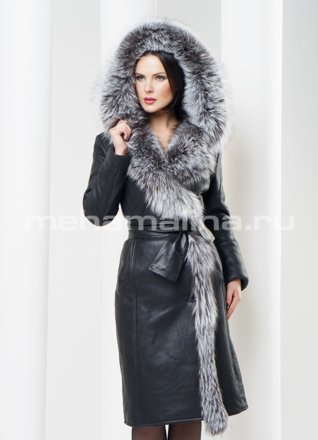 Дубленка с капюшоном, черного цвета модель № D-138 в кредит