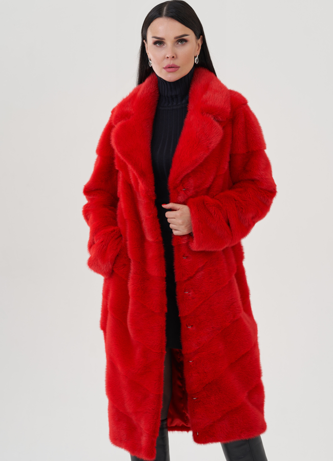Шуба из меха норки красного цвета модель № 24818 меха малина