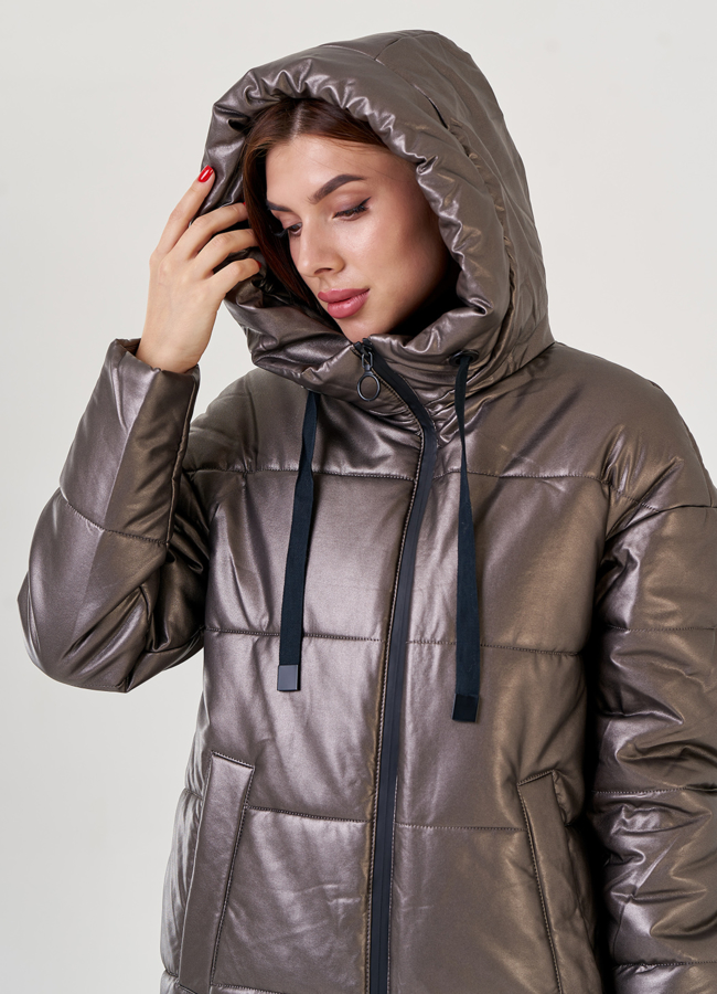 Укороченный женский пуховик из эко кожи Malina Siberian модель № 23372 универмаг малина