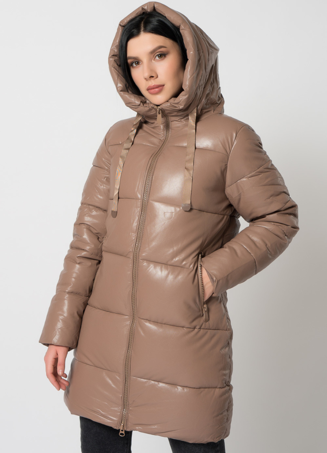Пуховик из эко кожи с капюшоном модель № 2123 универмаг малина