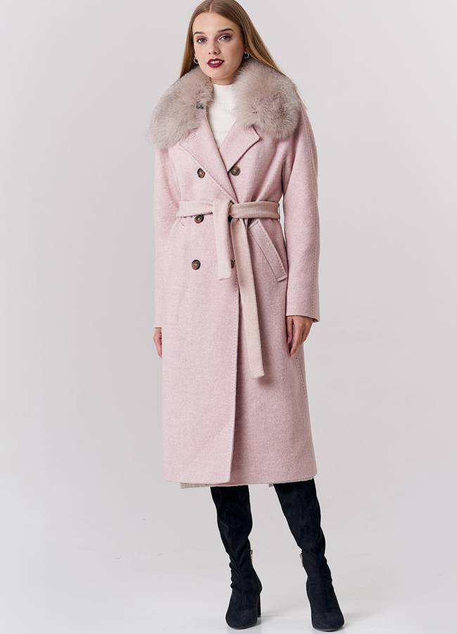 Зимнее пальто оверсайз бежевого цвета с отделкой из песца модель № 21834 универмаг малина