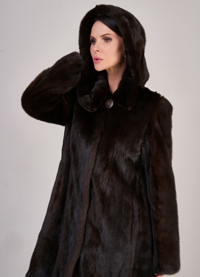 Норковая шуба в цвете махагон с капюшоном модель № S-846 в рассрочку