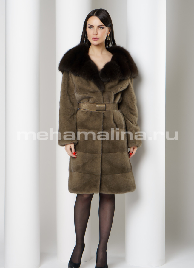 Шуба из норки с капюшоном, отделка куница модель № S-779 в кредит