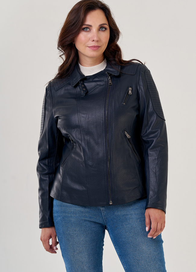 Куртка косуха из натуральной кожи в синем цвете модель № 10636 меха малина Куртка косуха из натуральной кожи в синем цвете модель № 10636 меха малина