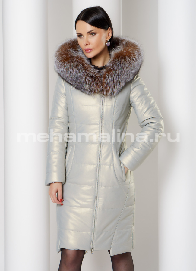 Светлый пуховик с капюшоном их эко кожи  модель № 6127 универмаг малина