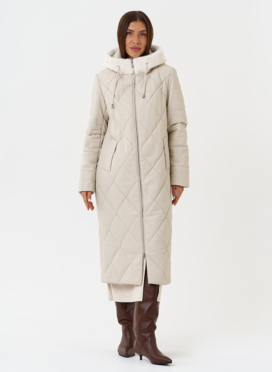 Женский стеганый пуховик из эко кожи с капюшоном