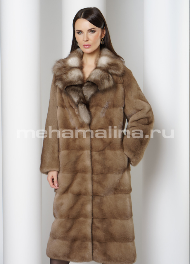 Норковая шуба с английским воротником отделка куница модель № S-753  меха малина