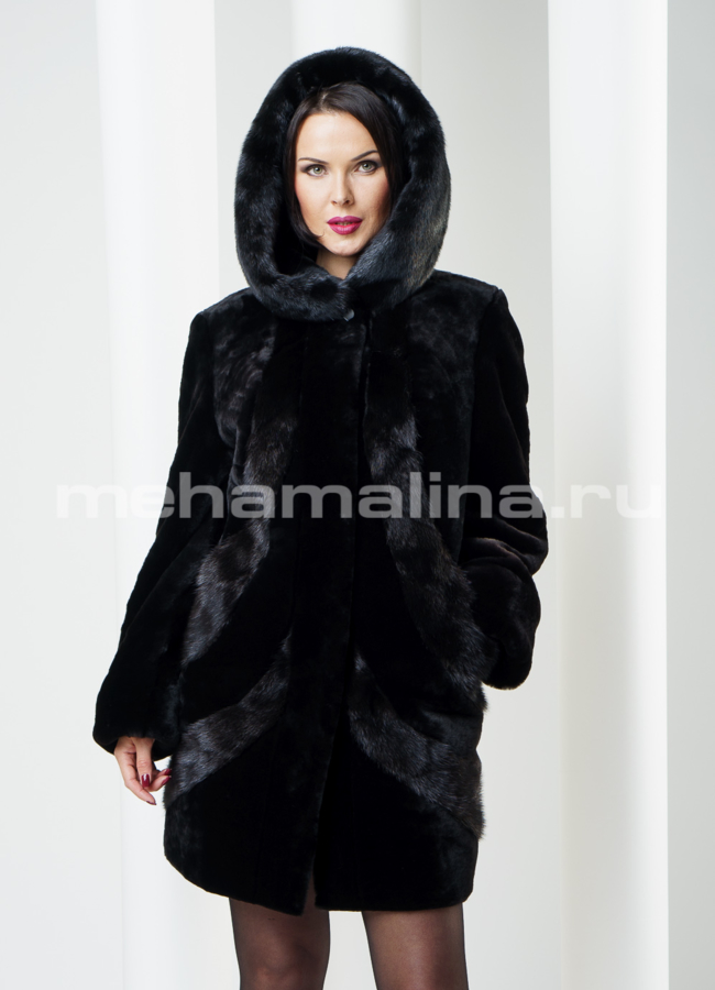 Шуба мутон с норковой отделкой модель № S-209 в кредит