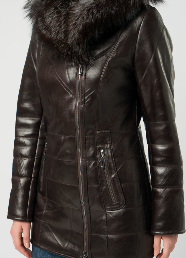 Дубленка из эко кожи коричневого цвета с капюшоном модель № 12464 универмаг малина