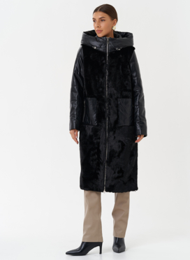 Пуховик из эко кожи с капюшоном