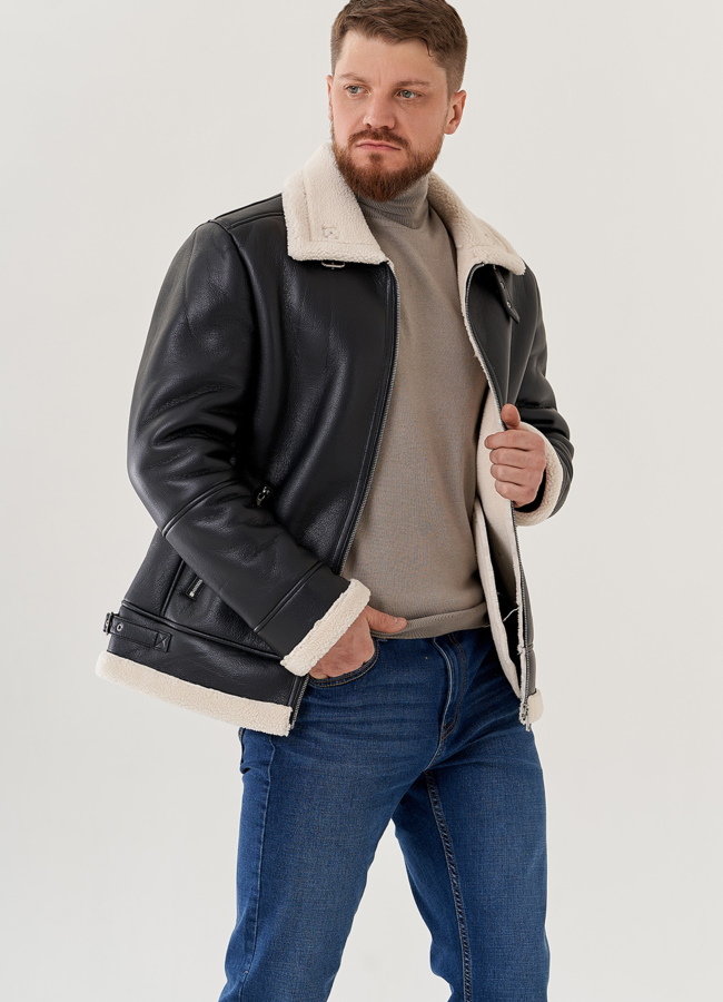 Мужская эко дубленка -  пилот черного цвета  модель № 79657 в рассрочку Мужская эко дубленка -  пилот черного цвета  модель № 79657 в рассрочку