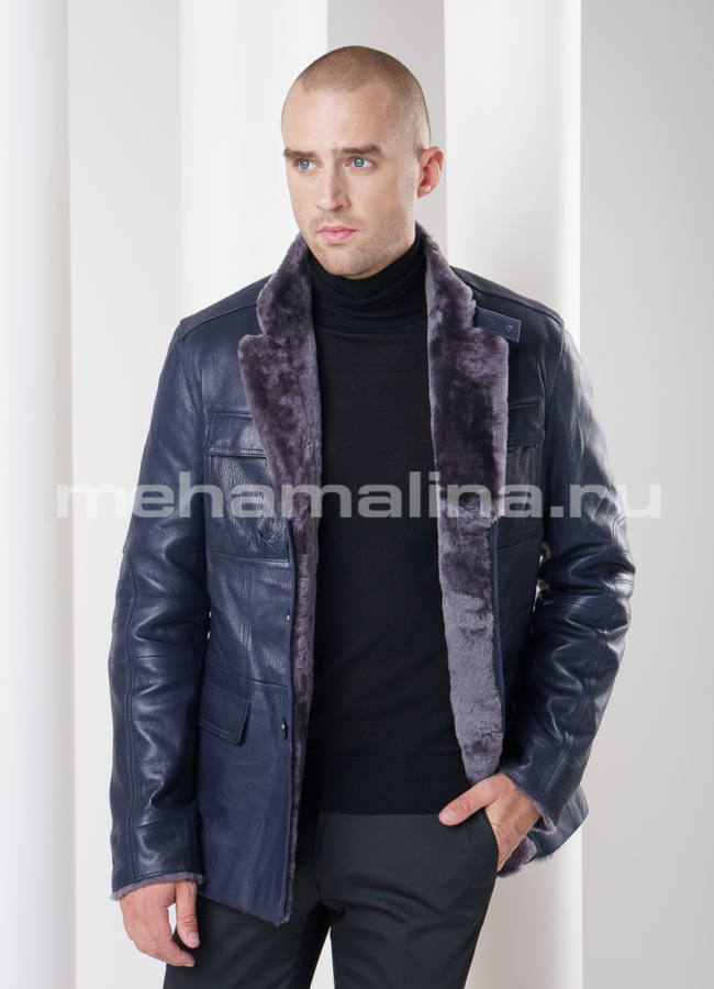 Мужская дубленка, цвет синий модель № DM-80 меха малина