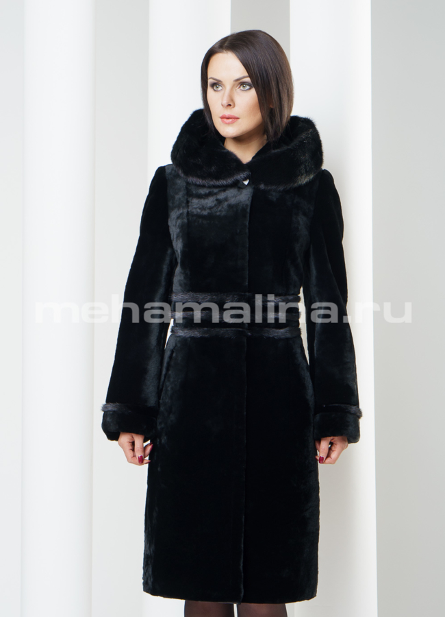 Шуба мутон с норкой, черного цвета модель № S-226 в кредит