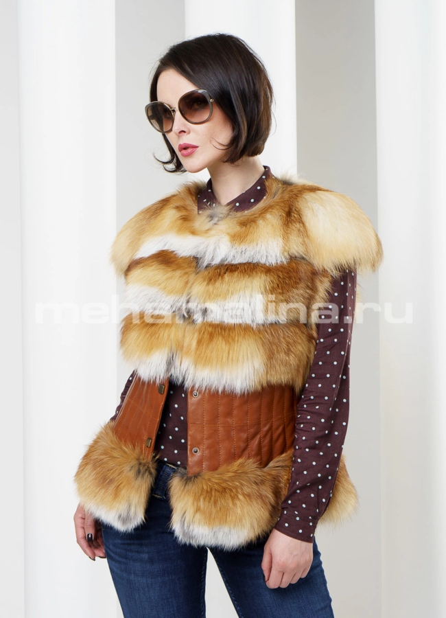 Жилет из лисы с кожей модель № M-46 меха малина