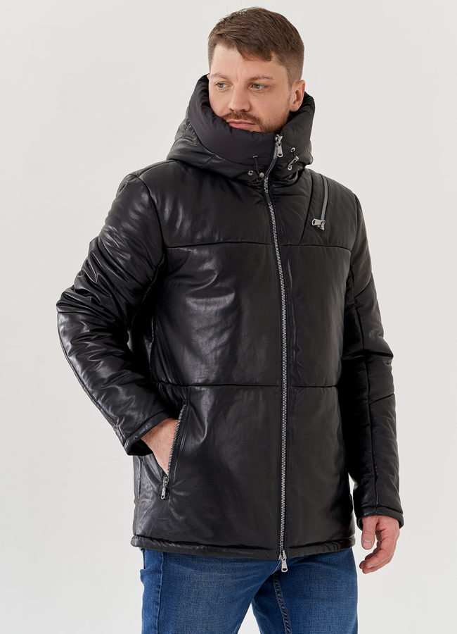 фото Мужской пуховик из натуральной кожи с капюшоном  модель № 79464