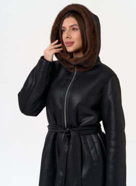 Женская дубленка из эко замши с поясом Женская дубленка из эко замши с поясом