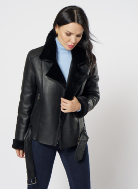 Женская дубленка косуха из овчины черного цвета