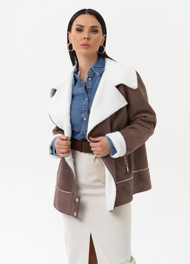 Женская дубленка из эко замши  модель № 29984 меха малина