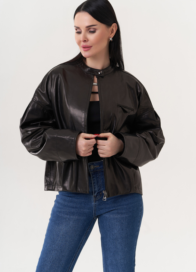 Кожаная куртка черного цвета модель № 26844 универмаг малина