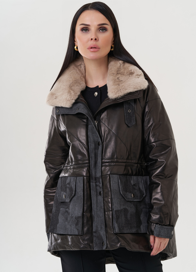 фото Полупальто из натуральной кожи с отделкой из меха песца  модель № 25381