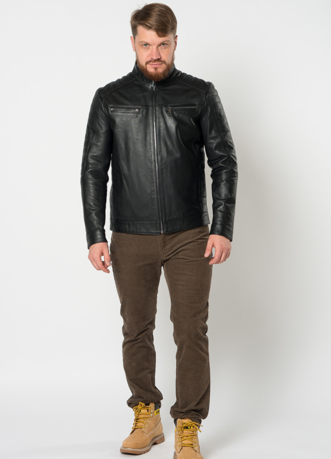 фото Мужская кожаная куртка мото в черном цвете модель № 21611