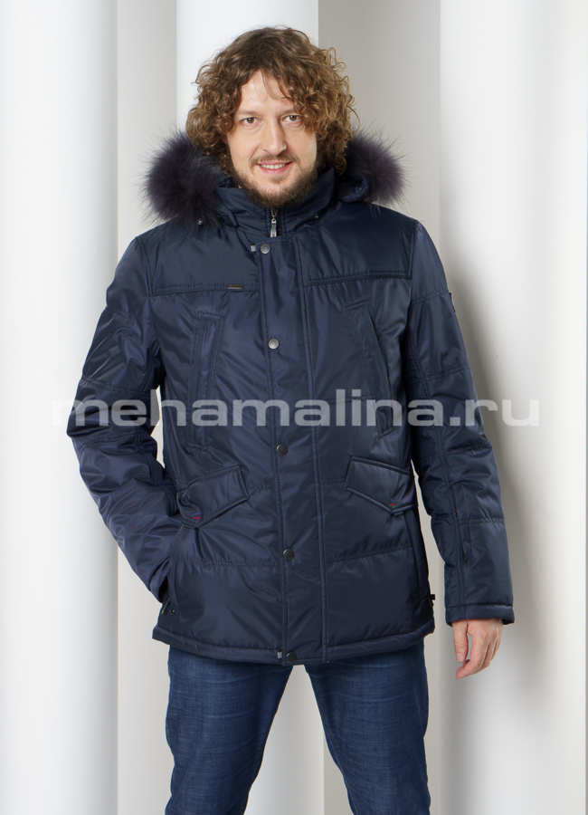 Мужская куртка с капюшоном, отделка енот модель № KM-82 меха малина
