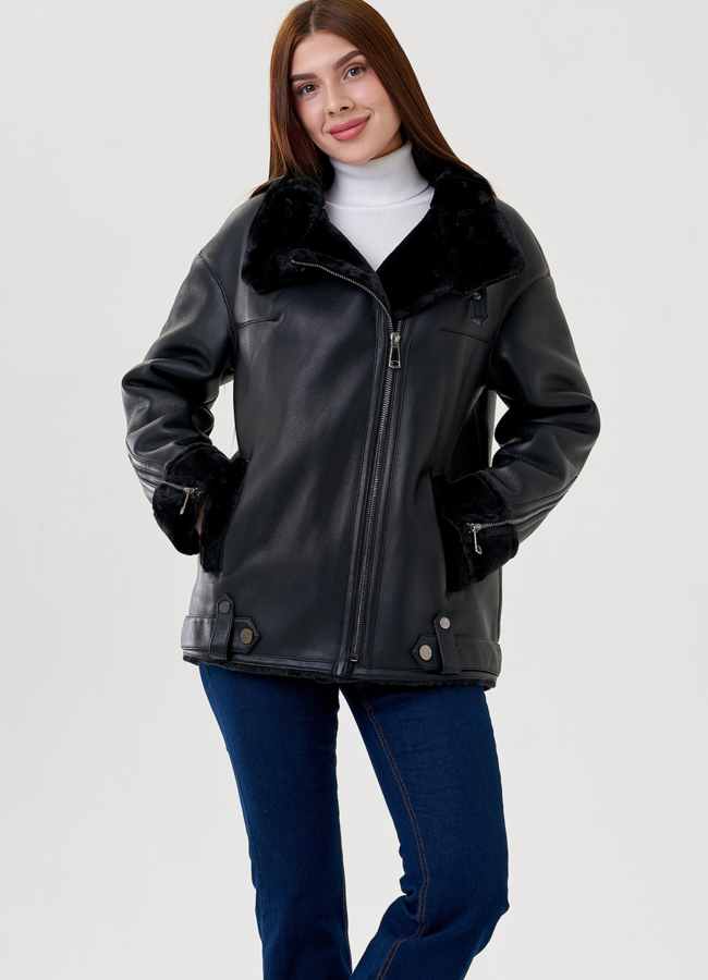 Дубленка из искусственного меха в черном цвете модель № 79309 универмаг малина