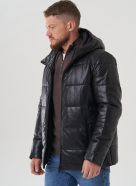Пуховик мужской из эко кожи с капюшоном 