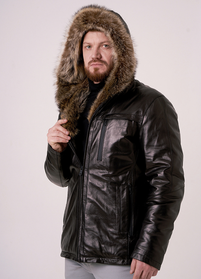 Кожаный пуховик с меховой отделкой  модель № 9255 универмаг малина