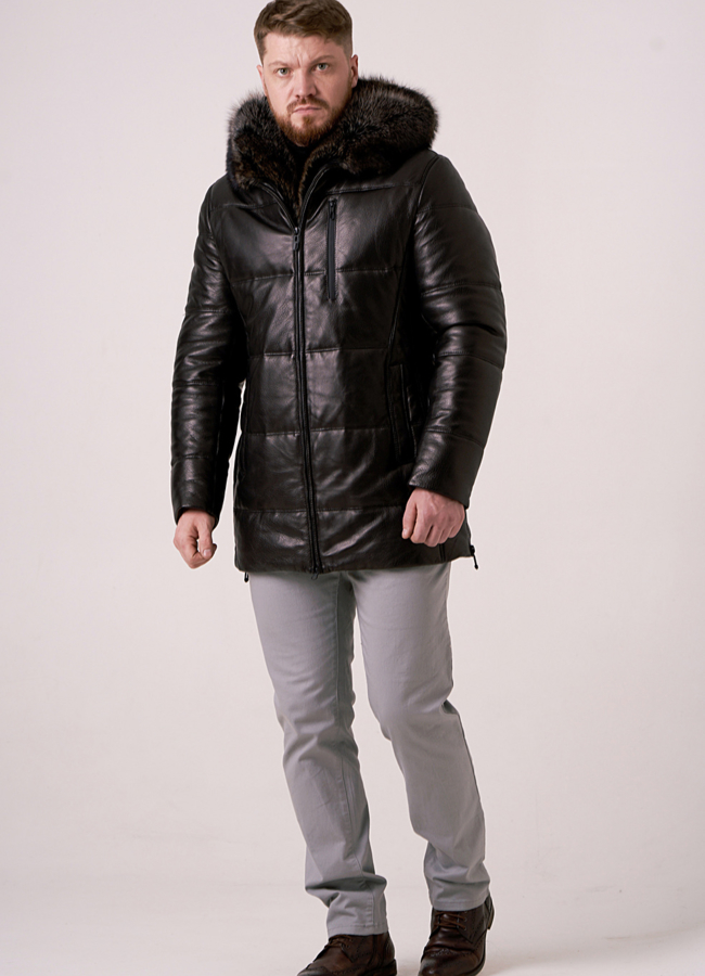 Зимний пуховик из натуральной кожи с мехом  модель № 1776-2 универмаг малина