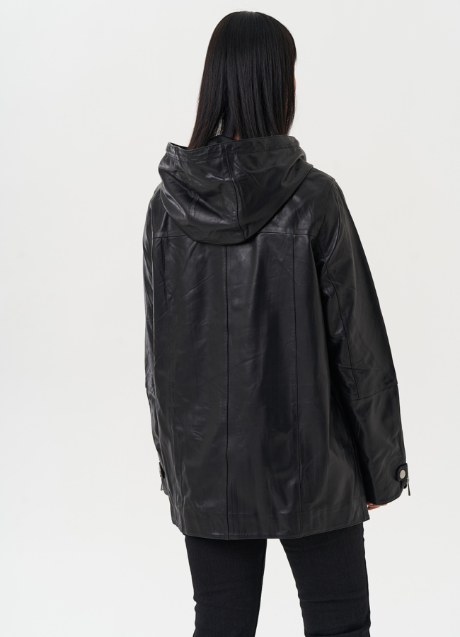 Удлиненная куртка из натуральной кожи с капюшоном модель № 28031 универмаг малина Удлиненная куртка из натуральной кожи с капюшоном модель № 28031 универмаг малина