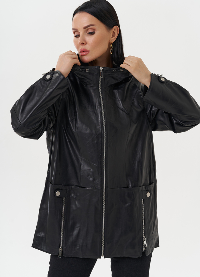 Удлиненная куртка из натуральной кожи с капюшоном модель № 28031 универмаг малина Удлиненная куртка из натуральной кожи с капюшоном модель № 28031 универмаг малина