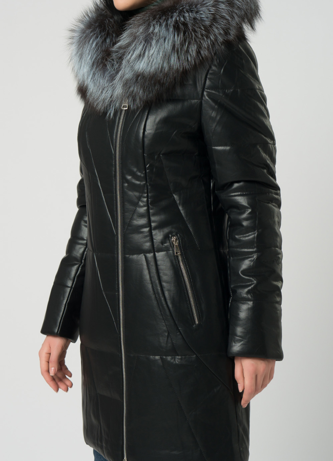 Пуховик из эко кожи черного цвета с чернобуркой модель № 18983 универмаг малина