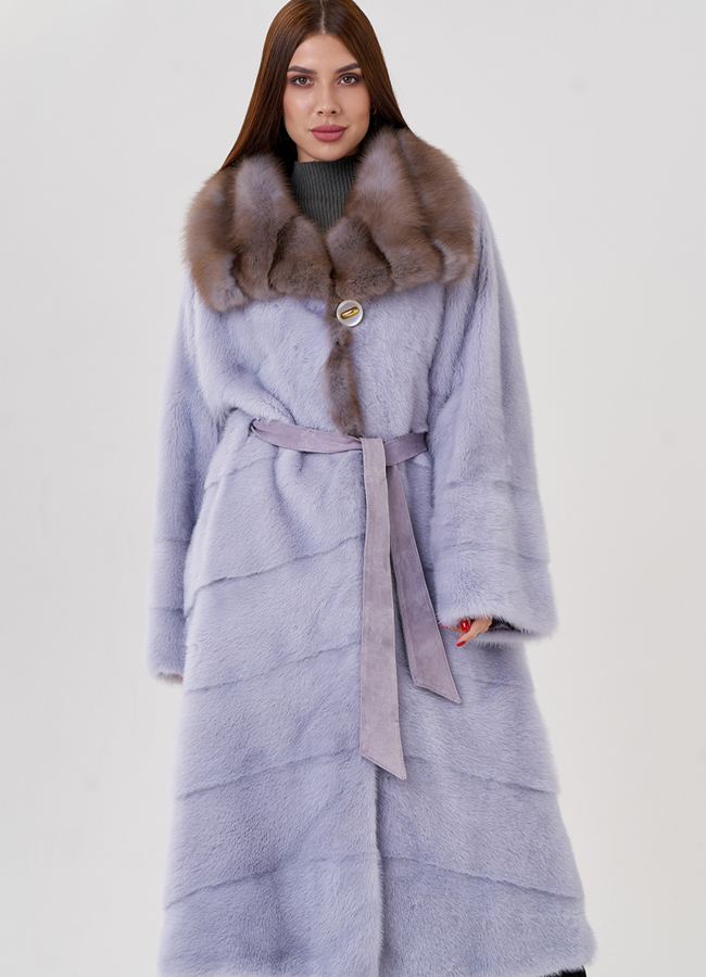 Норковая шуба с отделкой из куницы модель № 23083 меха малина