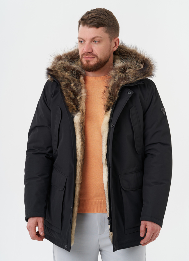 Полупальто с капюшоном из меха енота модель № 26151 универмаг малина