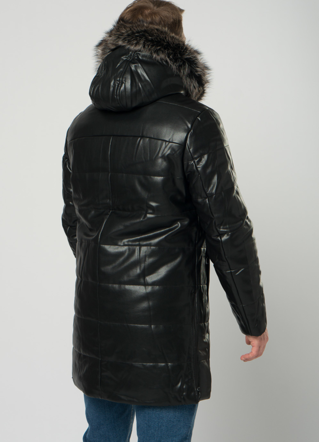 Мужской пуховик из эко кожи черного цвета с капюшоном модель № 21968 в кредит