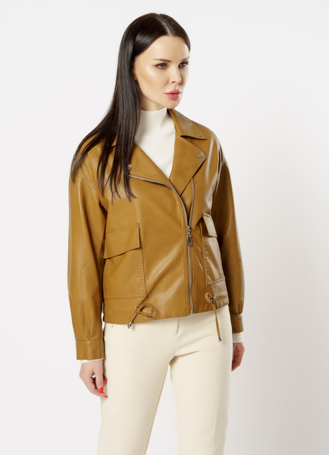 Куртка из эко кожи коричневого цвета модель № 20628 меха малина