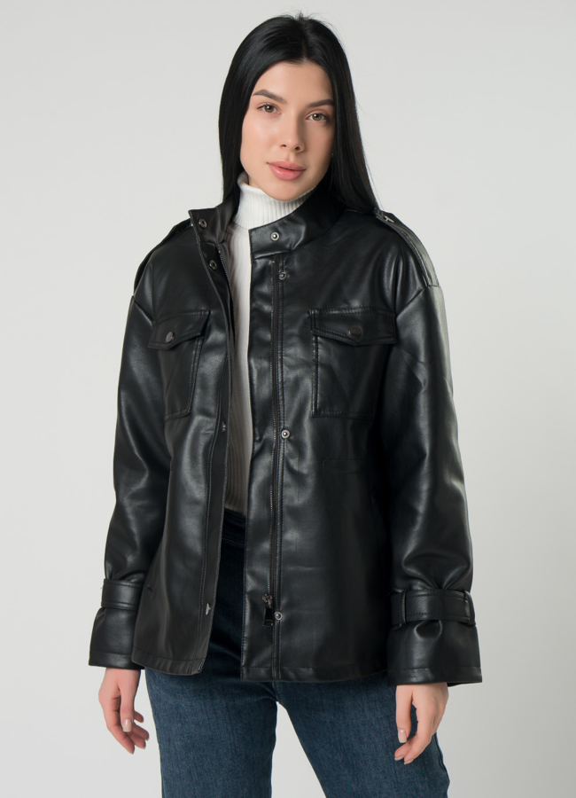 Женская куртка-рубашка с кулиской на талии  из эко кожи  модель № 22407 универмаг малина