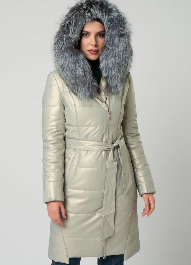 фото Пуховик из эко кожи с чернобуркой модель № 19073