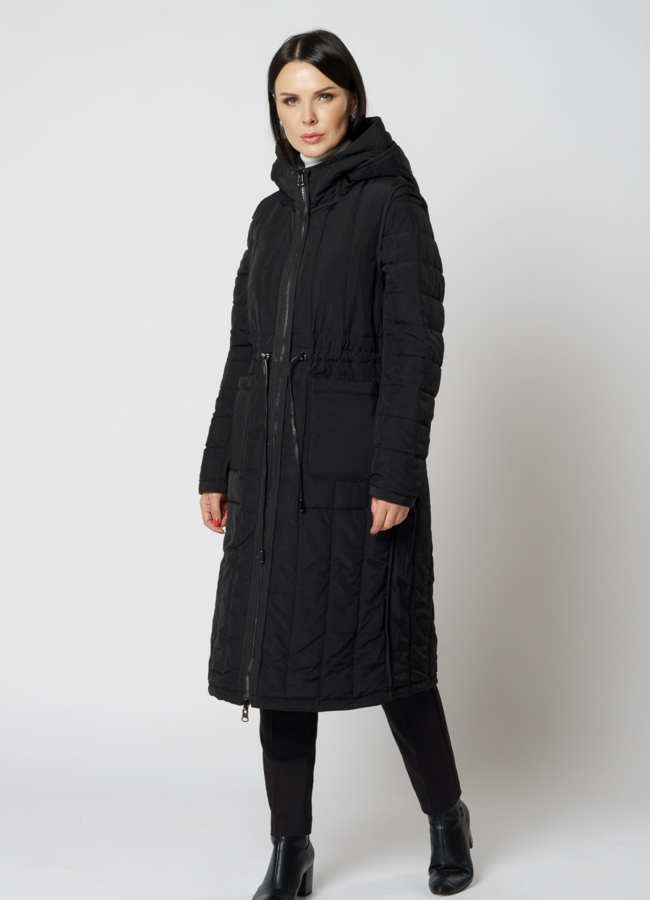 фото Пальто из натуральной кожи черного цвета с капюшоном 2 в 1 модель № 18233