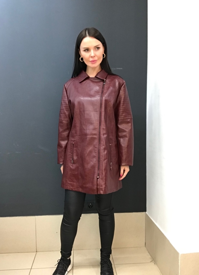 Куртка из эко кожи бордового цвета  модель № 678D меха малина