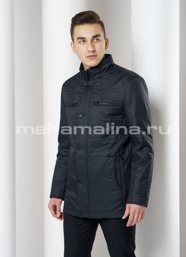 Куртка прямого силуэта темно-синего цвета модель № 8602 меха малина