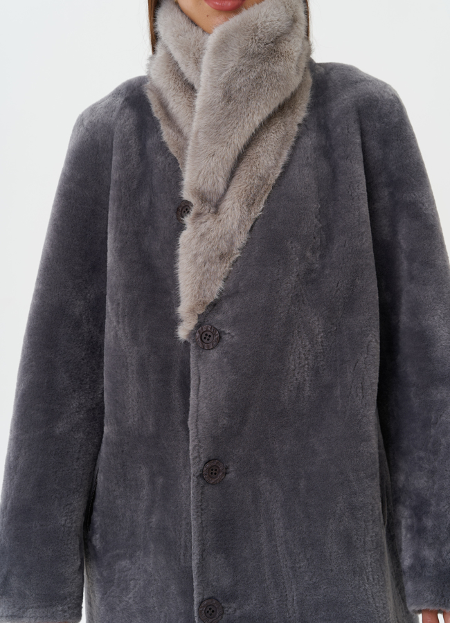 Длинная дубленка из эко кожи с воротником шаль модель № 27782 универмаг малина