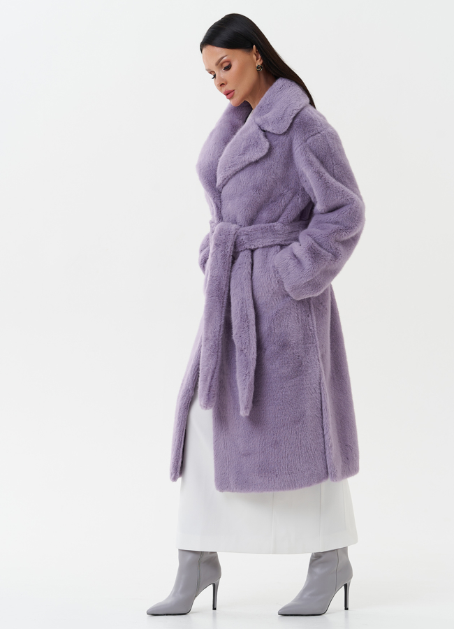 фото Пальто из эко меха с поясом модель № 1365