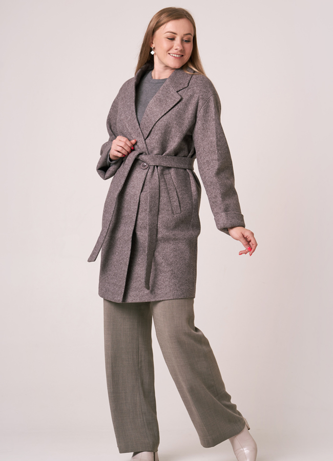 Пальто серого цвета с английским воротником модель № 5521 меха малина