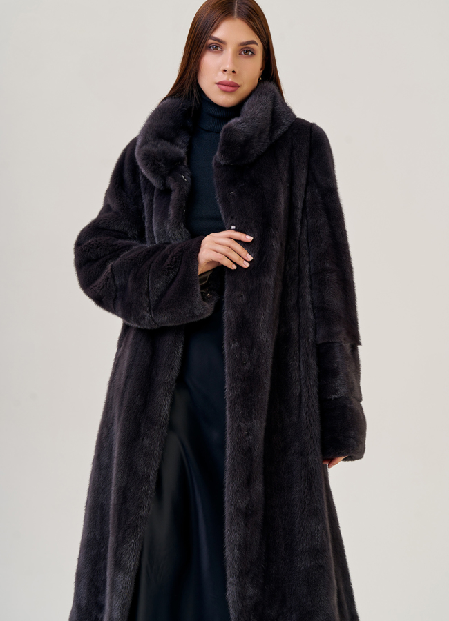 Длинная шуба из норки с воротником - стойкой модель № 78829 универмаг малина