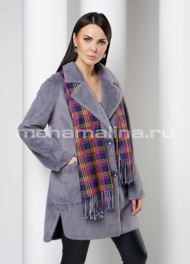 Женское пальто из ворсовой ткани модель № 033 меха малина