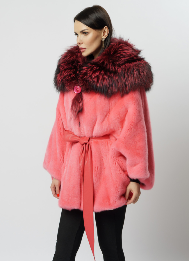 Укороченная норковая шуба с капюшоном в розовом цвете модель № 2012-8 универмаг малина